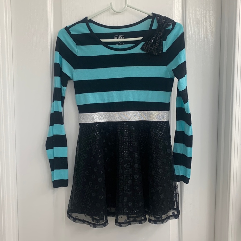 Girls Justice Teal & Black Striped Long Sleeve Top with Sequin Details & Bow
